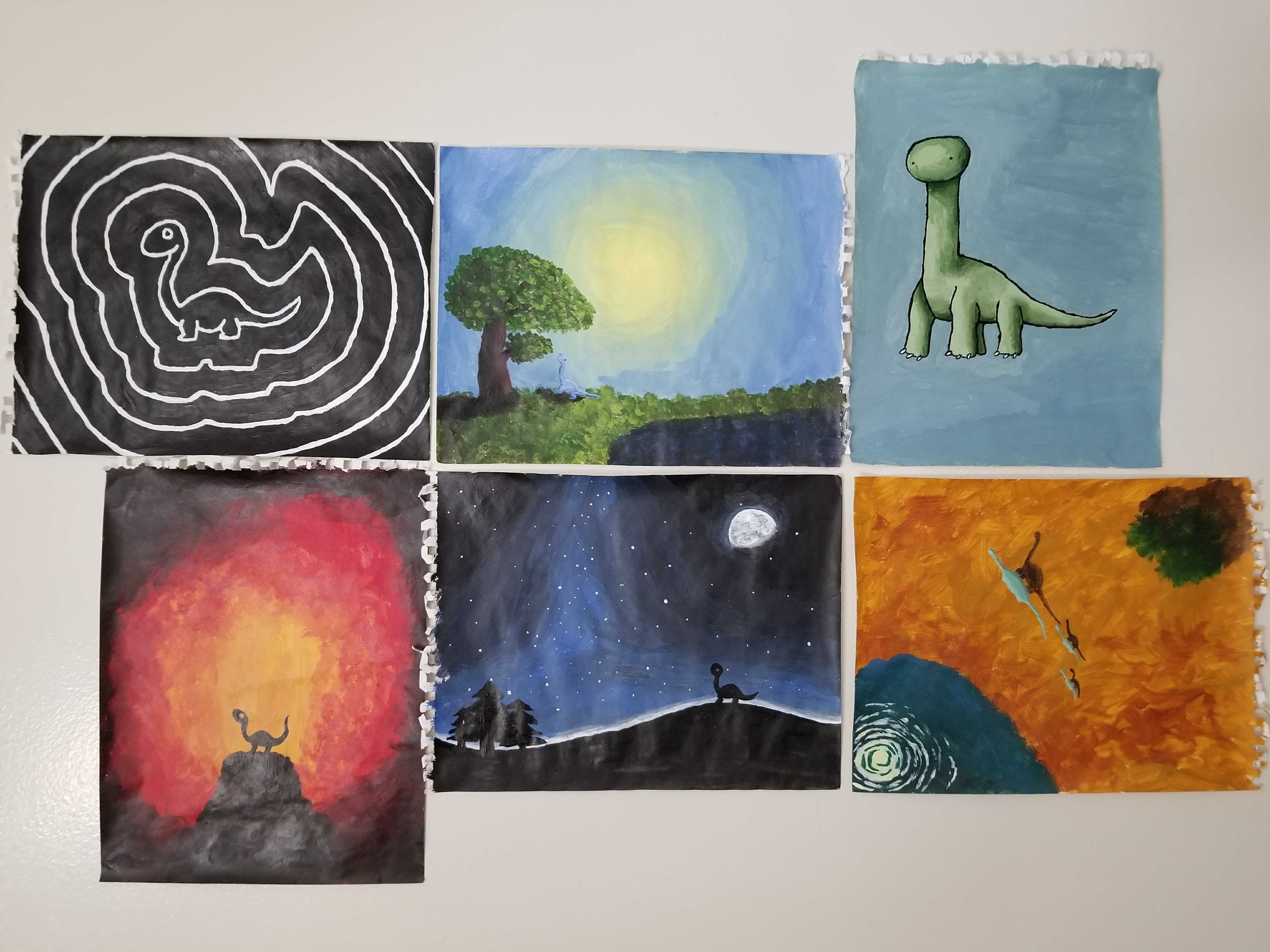 Six paintings of dinos