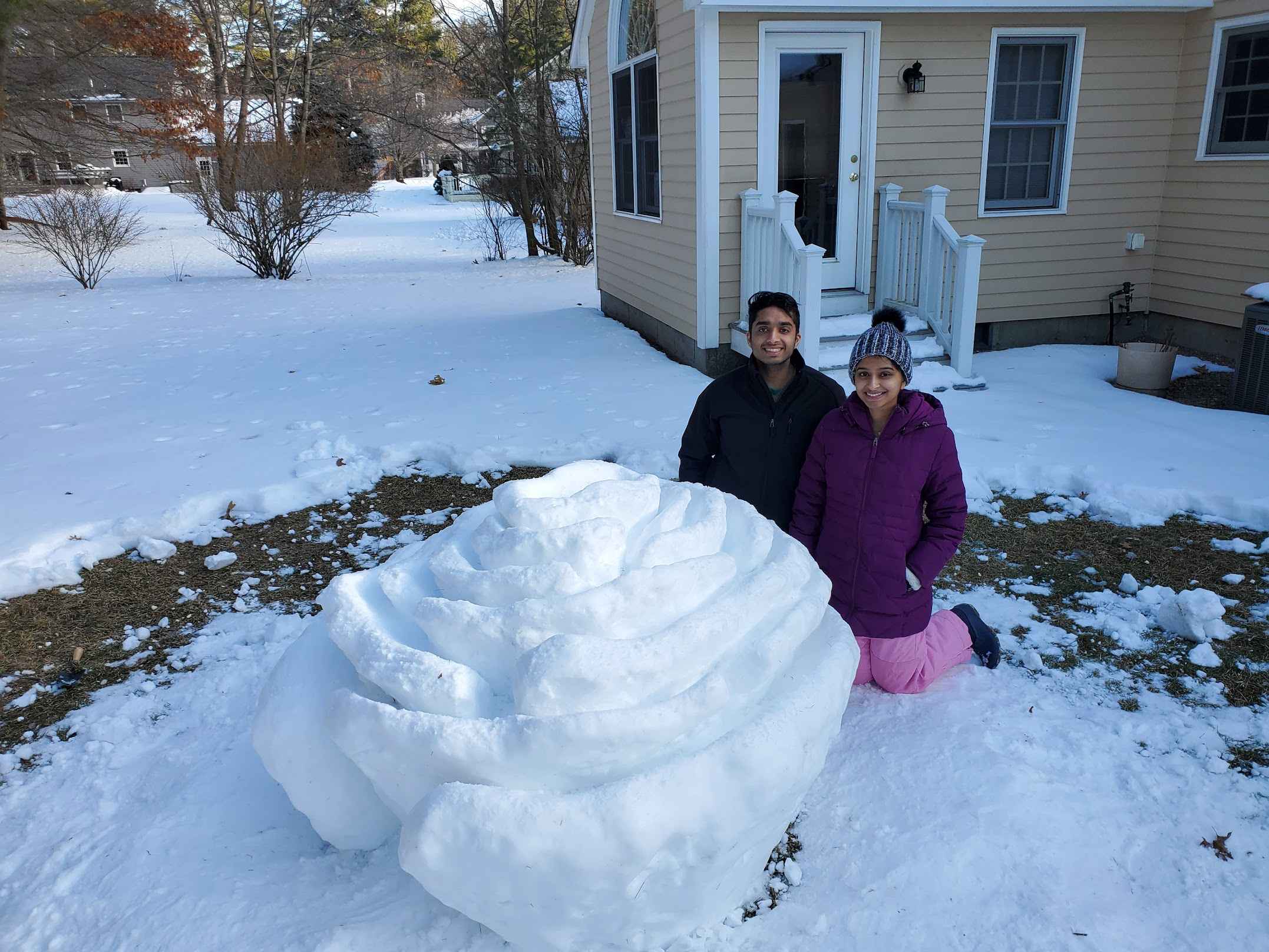 Snow sculpture of rose with us for scale