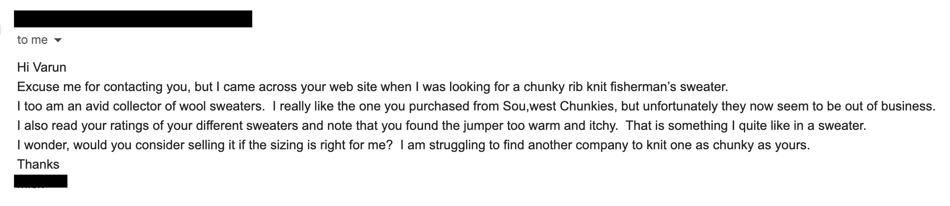 Email inquiry for sweater sale